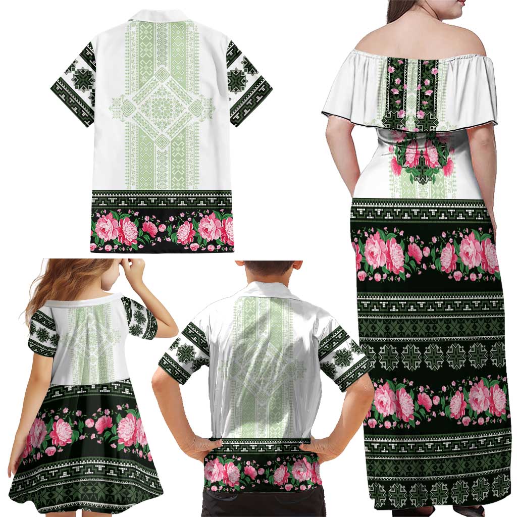 Green Romanian National Costume Family Matching Off Shoulder Maxi Dress and Hawaiian Shirt Peony Flowers Traditional Folk Pattern - Wonder Print Shop