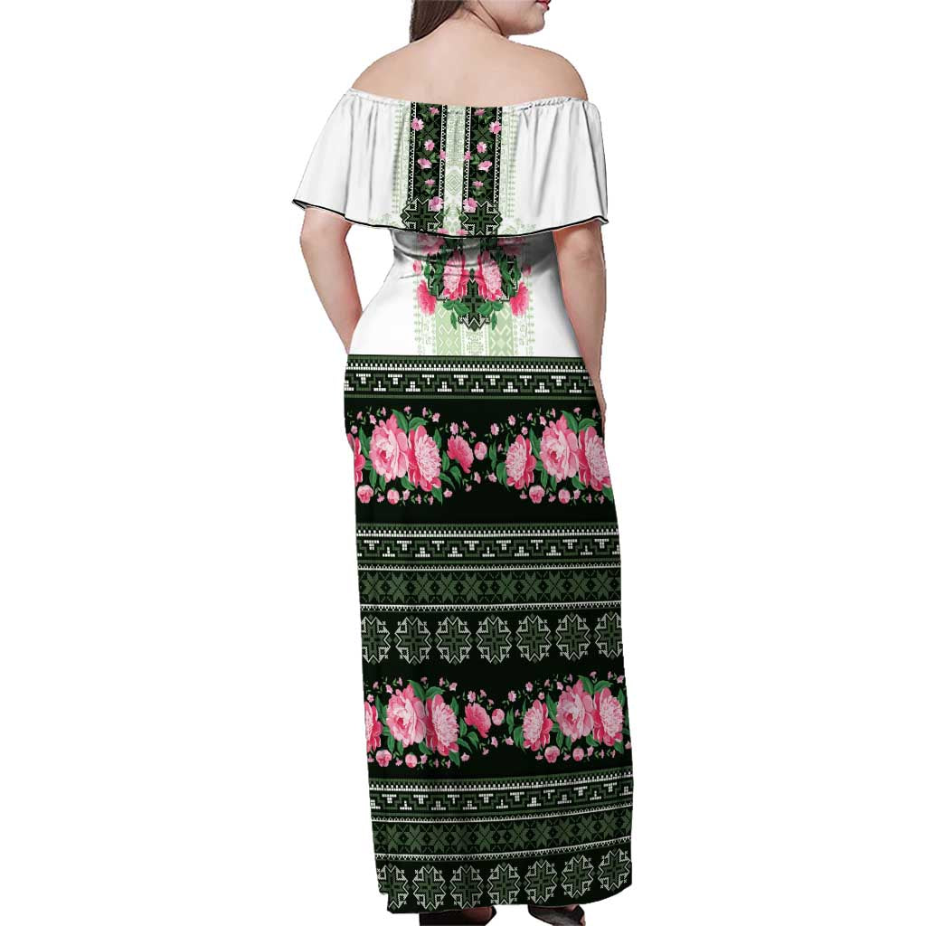 Green Romanian National Costume Family Matching Off Shoulder Maxi Dress and Hawaiian Shirt Peony Flowers Traditional Folk Pattern - Wonder Print Shop