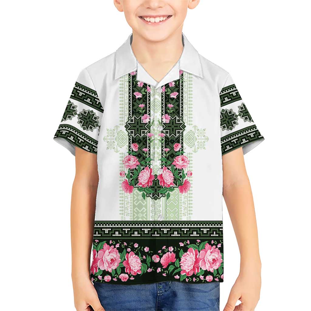 Green Romanian National Costume Family Matching Off Shoulder Maxi Dress and Hawaiian Shirt Peony Flowers Traditional Folk Pattern - Wonder Print Shop
