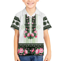 Green Romanian National Costume Family Matching Off Shoulder Maxi Dress and Hawaiian Shirt Peony Flowers Traditional Folk Pattern - Wonder Print Shop