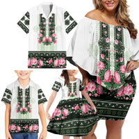 Green Romanian National Costume Family Matching Off Shoulder Short Dress and Hawaiian Shirt Peony Flowers Traditional Folk Pattern - Wonder Print Shop