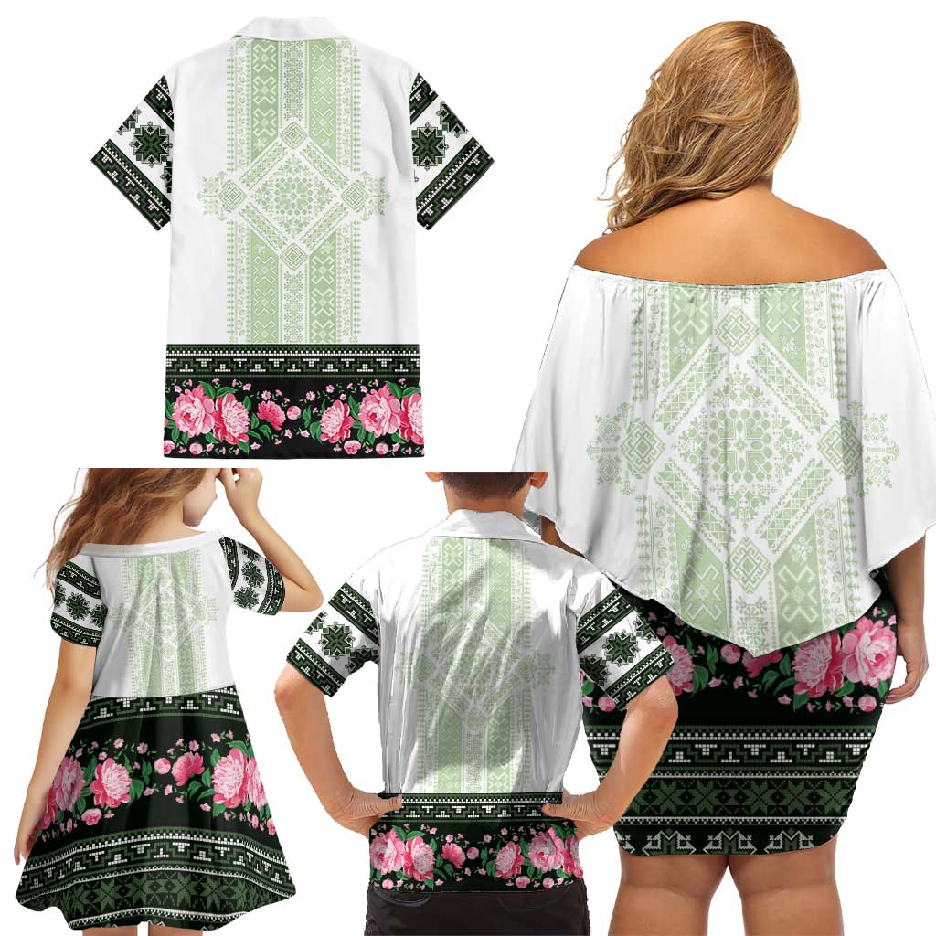 Green Romanian National Costume Family Matching Off Shoulder Short Dress and Hawaiian Shirt Peony Flowers Traditional Folk Pattern - Wonder Print Shop