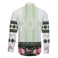 Green Romanian National Costume Family Matching Off Shoulder Short Dress and Hawaiian Shirt Peony Flowers Traditional Folk Pattern - Wonder Print Shop