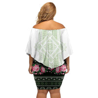 Green Romanian National Costume Family Matching Off Shoulder Short Dress and Hawaiian Shirt Peony Flowers Traditional Folk Pattern - Wonder Print Shop
