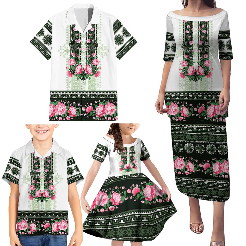 Green Romanian National Costume Family Matching Puletasi and Hawaiian Shirt Peony Flowers Traditional Folk Pattern - Wonder Print Shop
