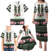 Green Romanian National Costume Family Matching Puletasi and Hawaiian Shirt Peony Flowers Traditional Folk Pattern - Wonder Print Shop