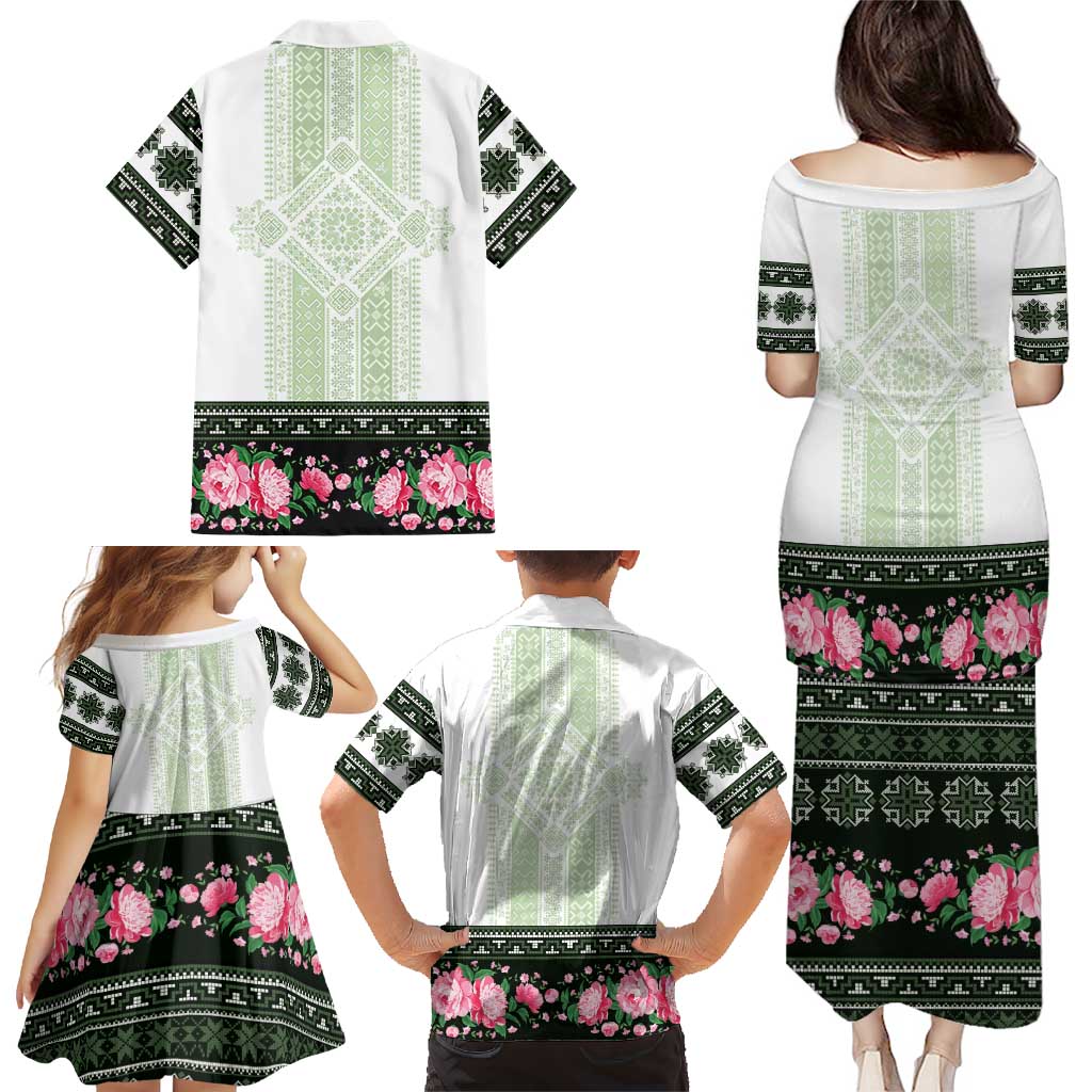 Green Romanian National Costume Family Matching Puletasi and Hawaiian Shirt Peony Flowers Traditional Folk Pattern - Wonder Print Shop