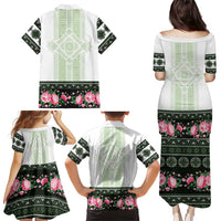 Green Romanian National Costume Family Matching Puletasi and Hawaiian Shirt Peony Flowers Traditional Folk Pattern - Wonder Print Shop