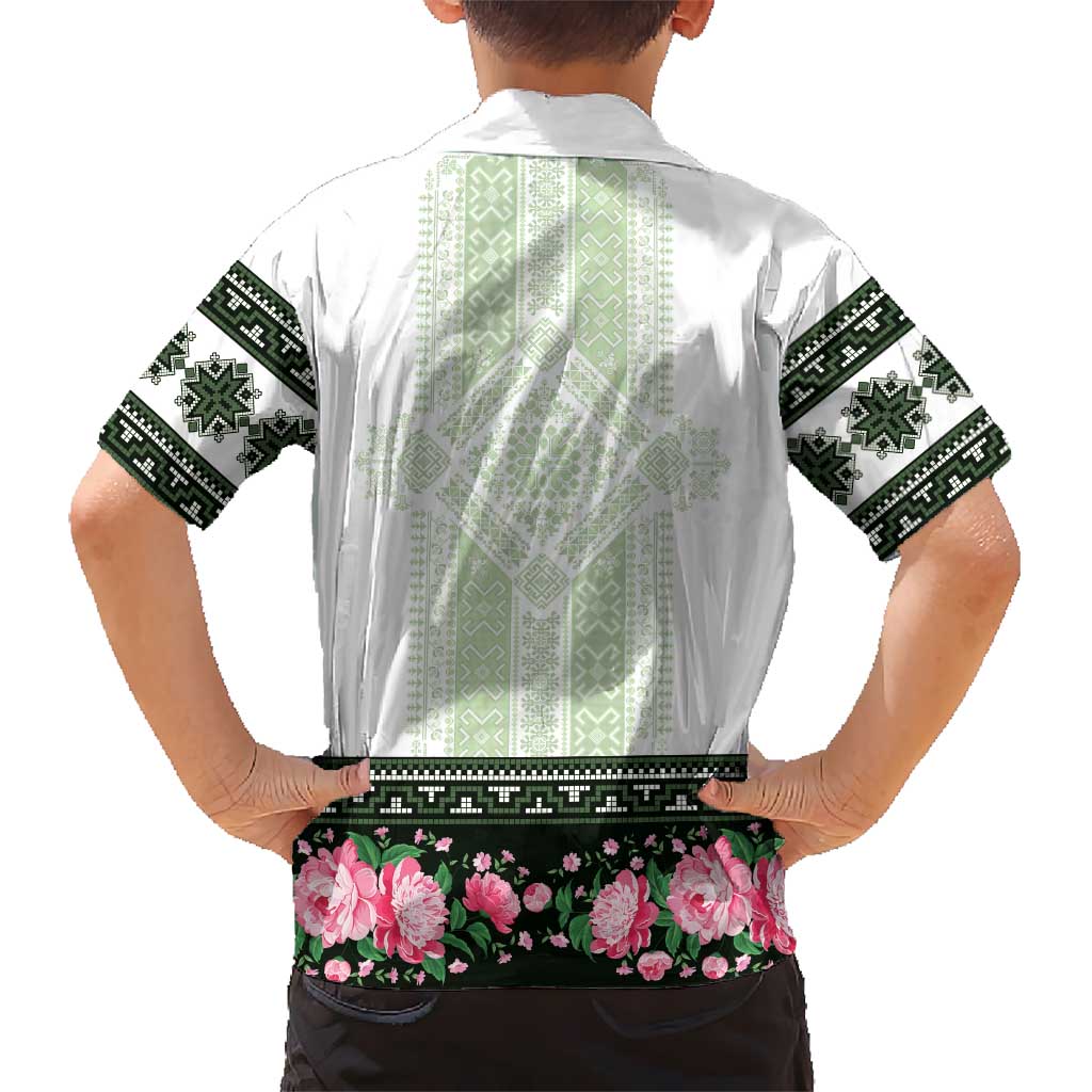 Green Romanian National Costume Family Matching Short Sleeve Bodycon Dress and Hawaiian Shirt Peony Flowers Traditional Folk Pattern - Wonder Print Shop
