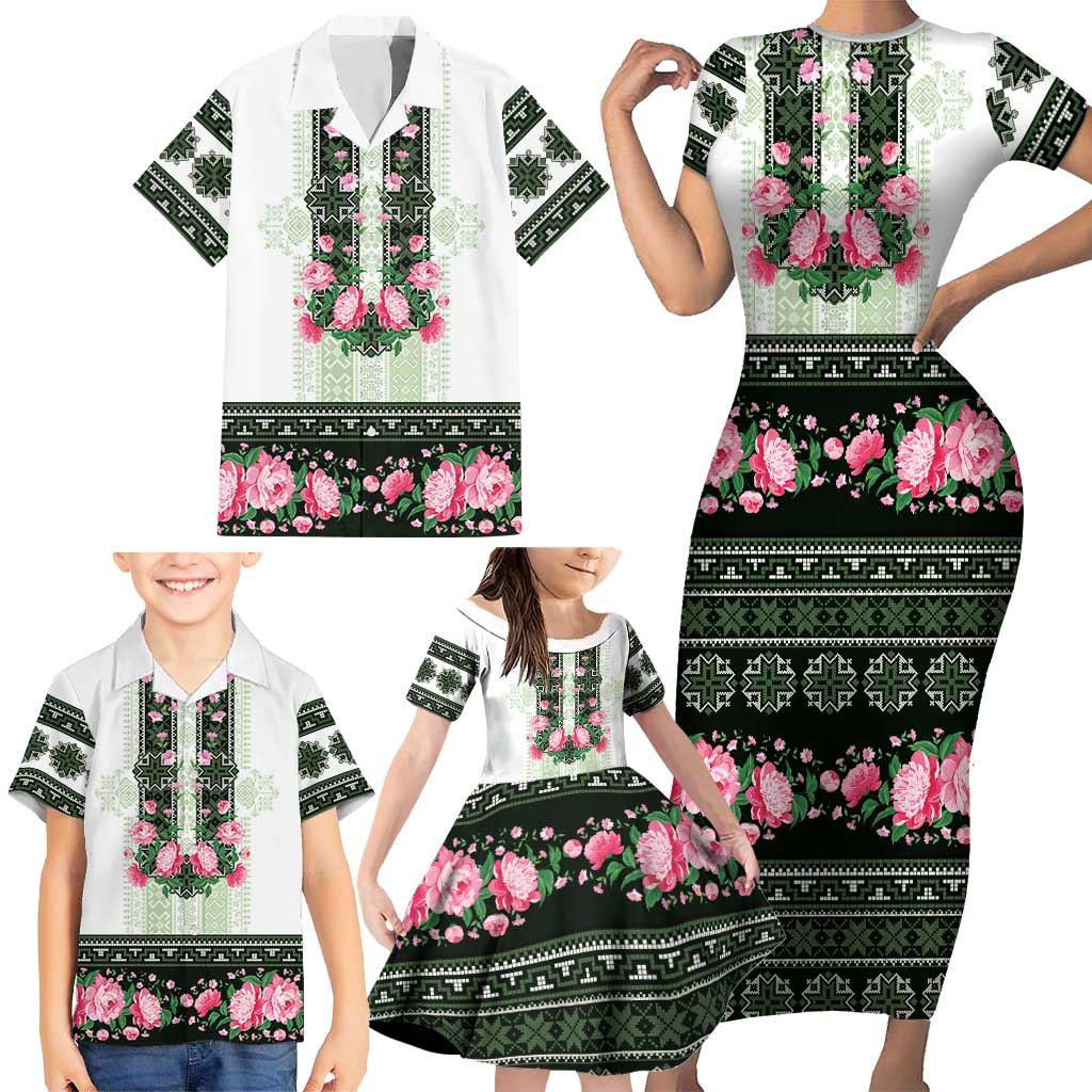 Green Romanian National Costume Family Matching Short Sleeve Bodycon Dress and Hawaiian Shirt Peony Flowers Traditional Folk Pattern - Wonder Print Shop