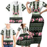 Green Romanian National Costume Family Matching Short Sleeve Bodycon Dress and Hawaiian Shirt Peony Flowers Traditional Folk Pattern - Wonder Print Shop