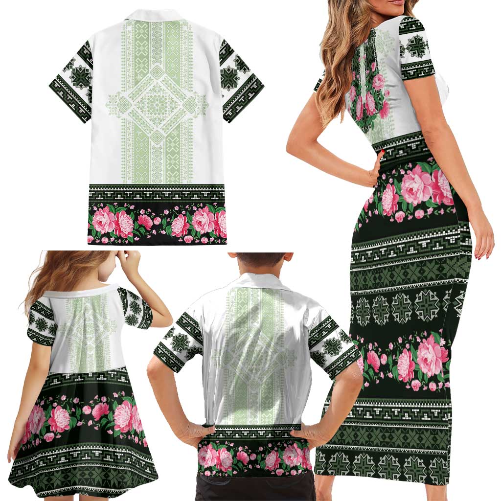 Green Romanian National Costume Family Matching Short Sleeve Bodycon Dress and Hawaiian Shirt Peony Flowers Traditional Folk Pattern - Wonder Print Shop