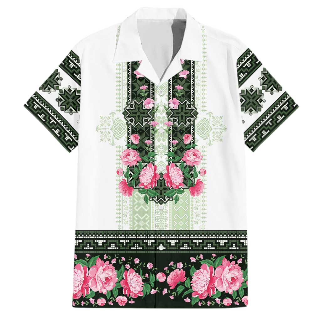 Green Romanian National Costume Family Matching Short Sleeve Bodycon Dress and Hawaiian Shirt Peony Flowers Traditional Folk Pattern - Wonder Print Shop