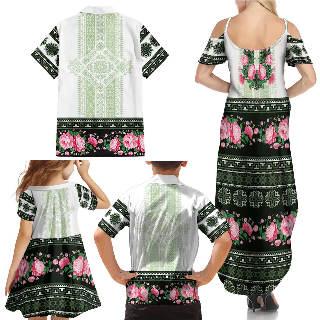 Green Romanian National Costume Family Matching Summer Maxi Dress and Hawaiian Shirt Peony Flowers Traditional Folk Pattern - Wonder Print Shop