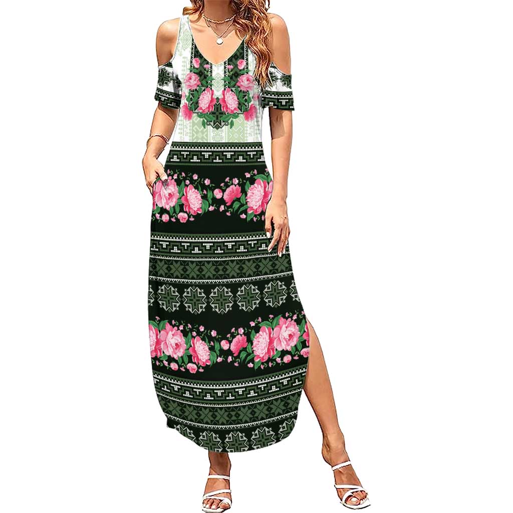 Green Romanian National Costume Family Matching Summer Maxi Dress and Hawaiian Shirt Peony Flowers Traditional Folk Pattern - Wonder Print Shop