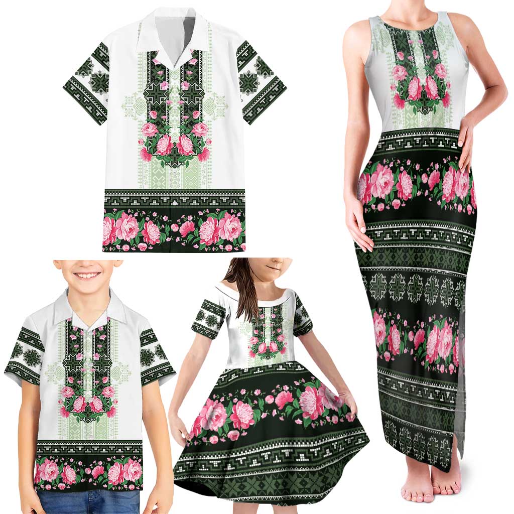 Green Romanian National Costume Family Matching Tank Maxi Dress and Hawaiian Shirt Peony Flowers Traditional Folk Pattern - Wonder Print Shop