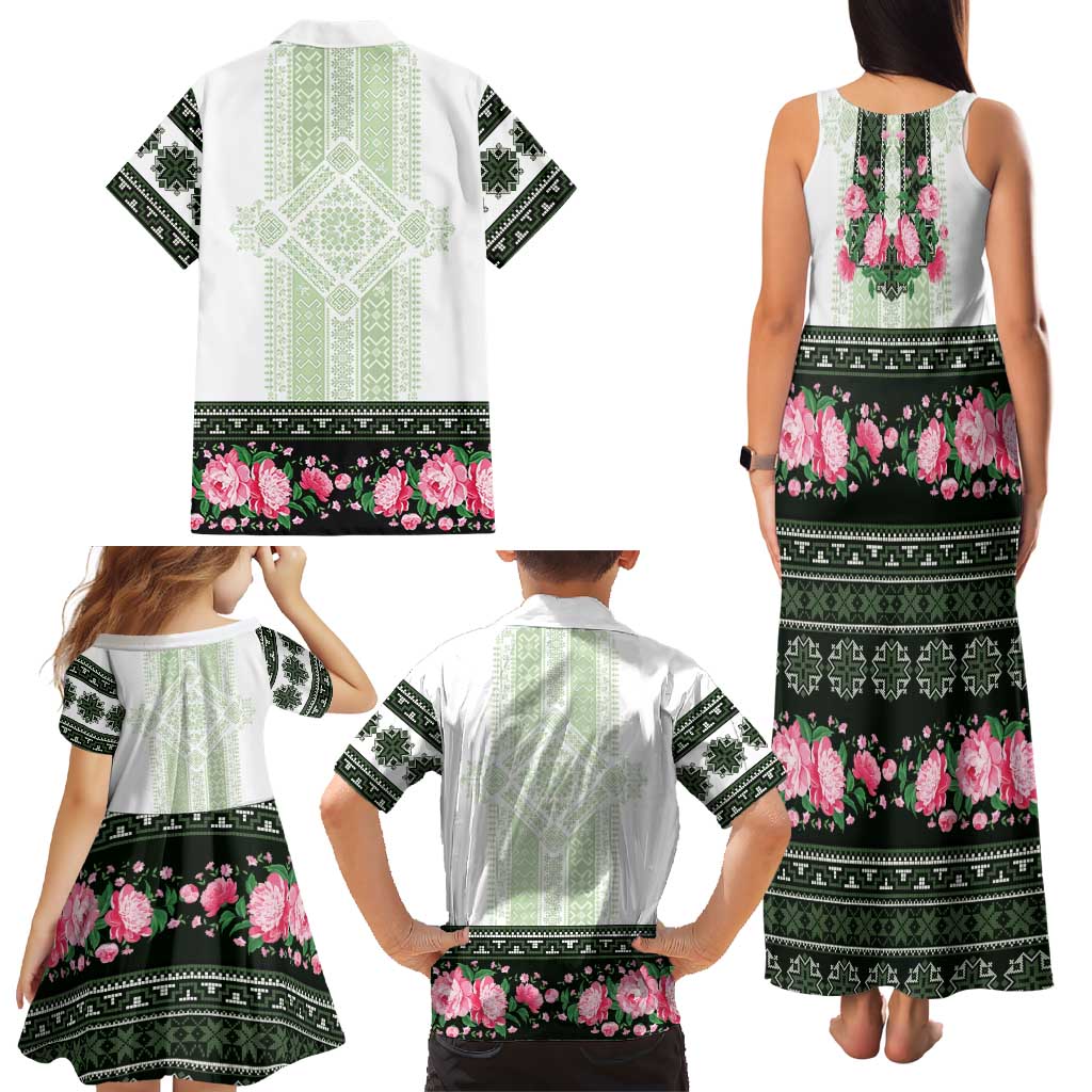 Green Romanian National Costume Family Matching Tank Maxi Dress and Hawaiian Shirt Peony Flowers Traditional Folk Pattern - Wonder Print Shop