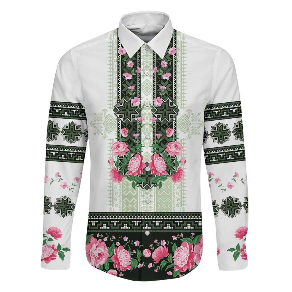 Green Romanian National Costume Family Matching Tank Maxi Dress and Hawaiian Shirt Peony Flowers Traditional Folk Pattern - Wonder Print Shop