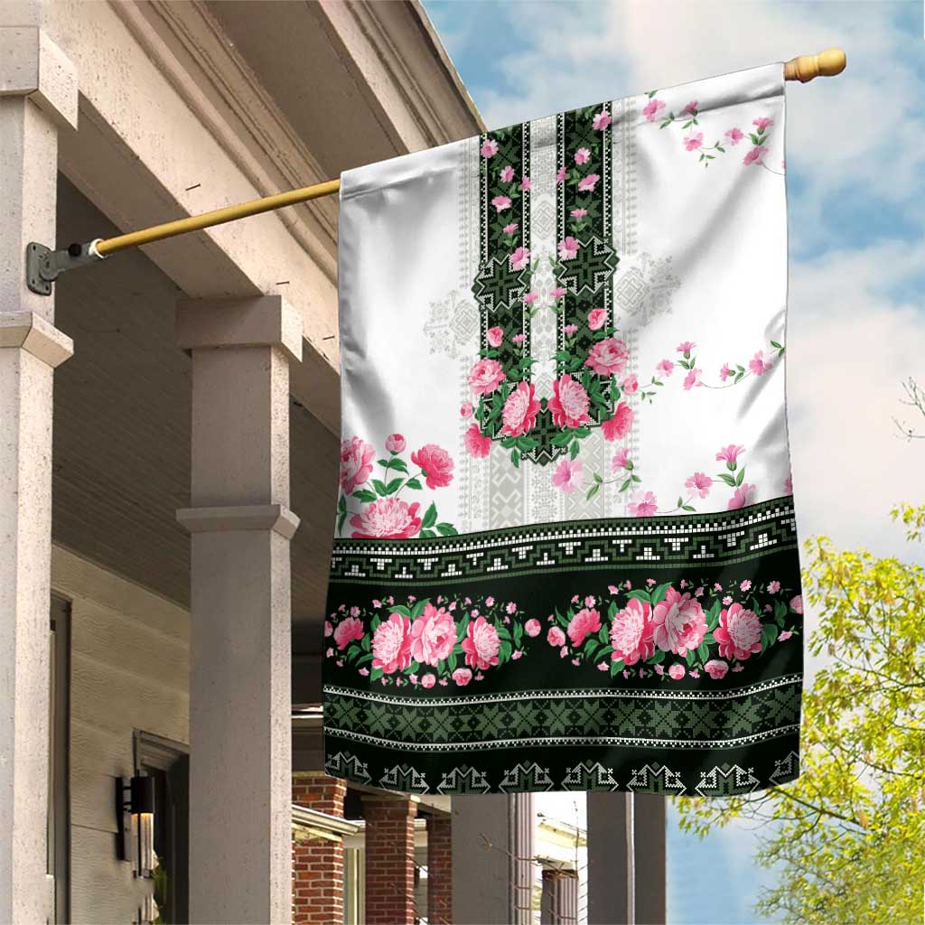 Green Romanian National Costume Garden Flag Peony Flowers Traditional Folk Pattern - Wonder Print Shop