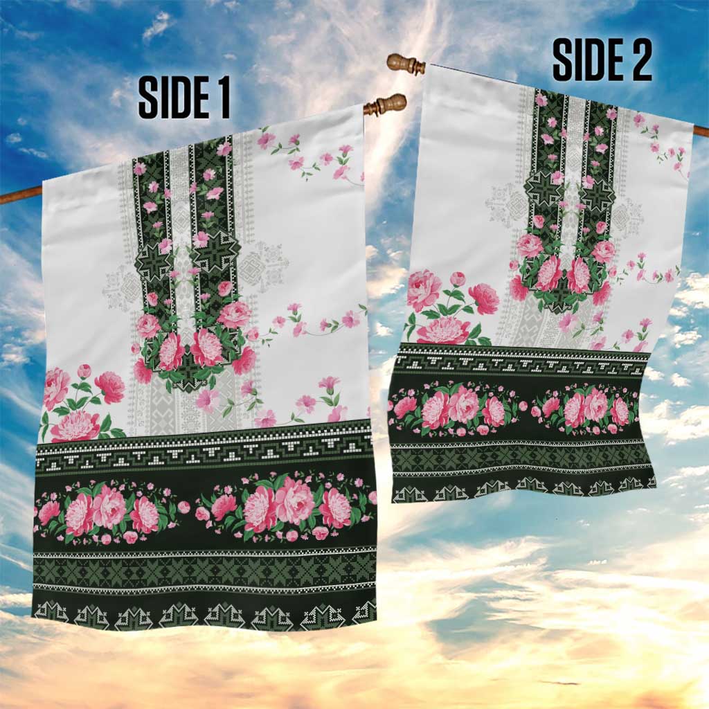 Green Romanian National Costume Garden Flag Peony Flowers Traditional Folk Pattern - Wonder Print Shop