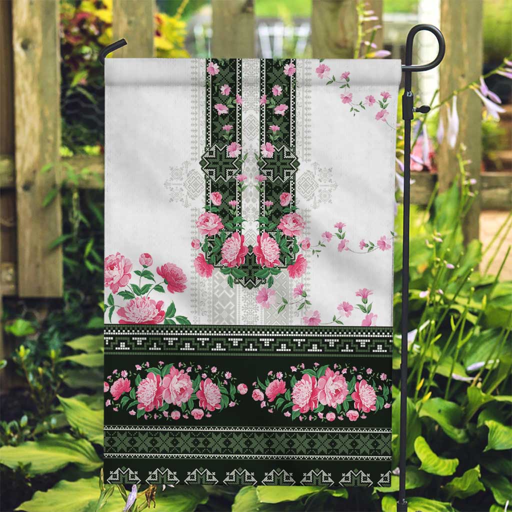 Green Romanian National Costume Garden Flag Peony Flowers Traditional Folk Pattern - Wonder Print Shop