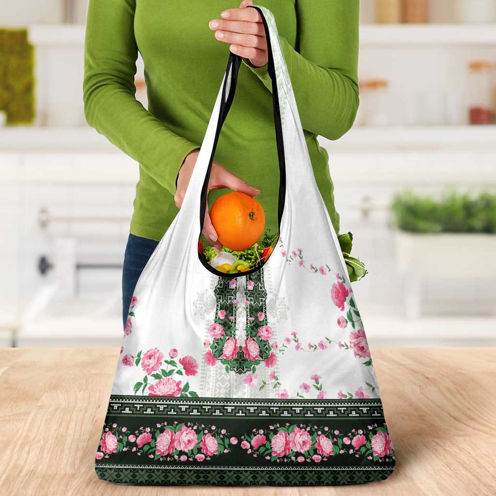 Green Romanian National Costume Grocery Bag Peony Flowers Traditional Folk Pattern - Wonder Print Shop