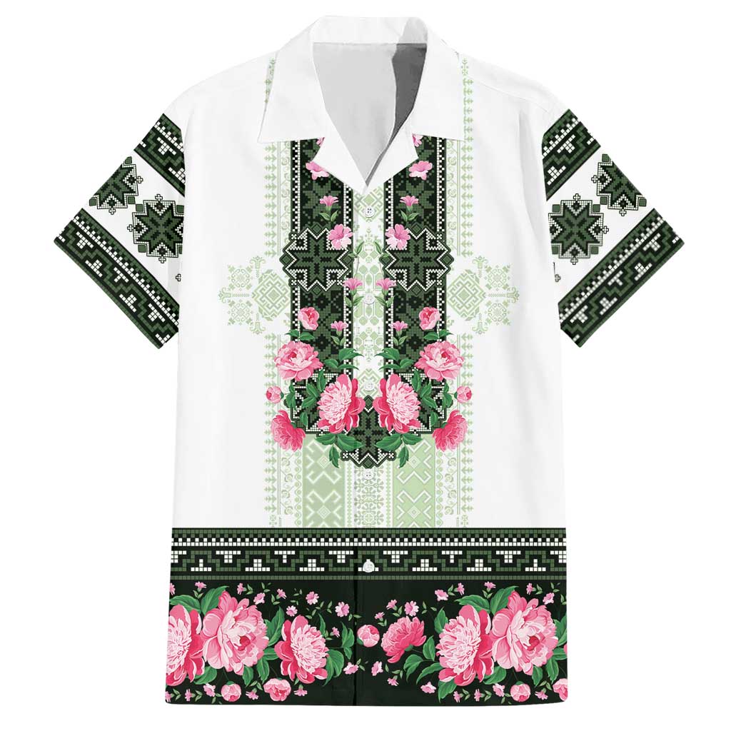Green Romanian National Costume Hawaiian Shirt Peony Flowers Traditional Folk Pattern - Wonder Print Shop