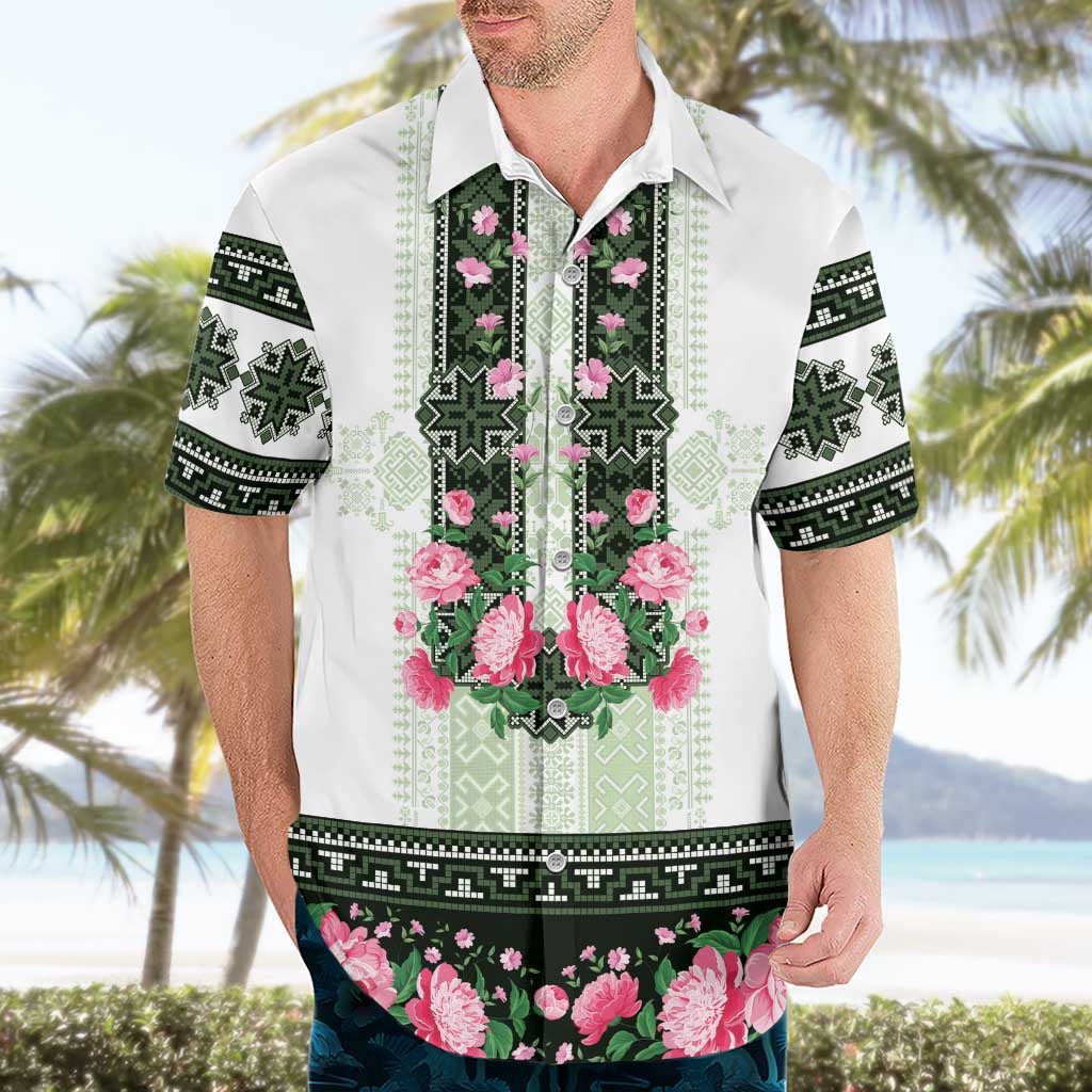 Green Romanian National Costume Hawaiian Shirt Peony Flowers Traditional Folk Pattern - Wonder Print Shop
