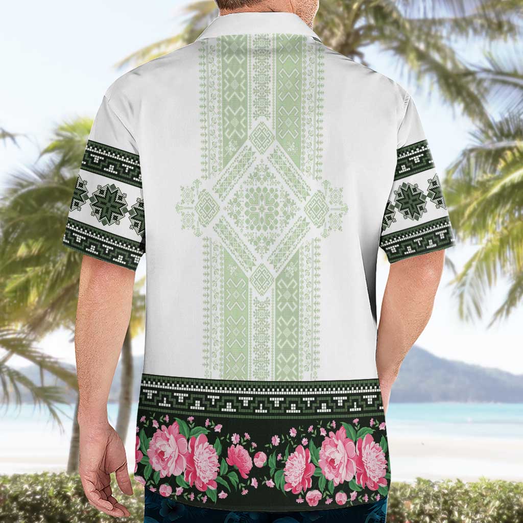 Green Romanian National Costume Hawaiian Shirt Peony Flowers Traditional Folk Pattern - Wonder Print Shop