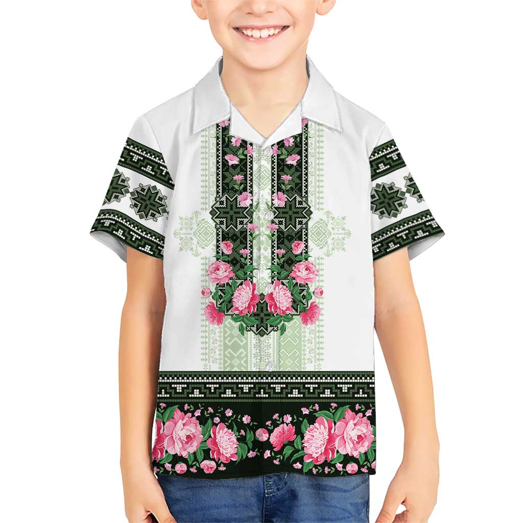 Green Romanian National Costume Hawaiian Shirt Peony Flowers Traditional Folk Pattern - Wonder Print Shop
