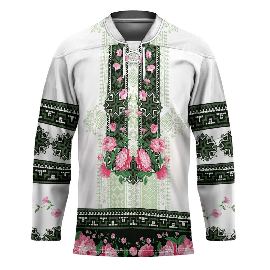 Green Romanian National Costume Hockey Jersey Peony Flowers Traditional Folk Pattern - Wonder Print Shop