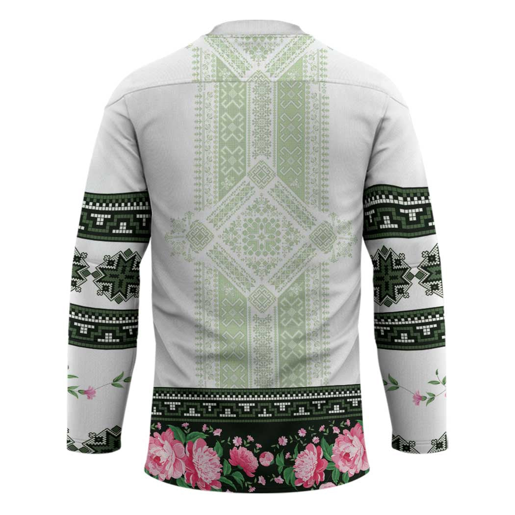 Green Romanian National Costume Hockey Jersey Peony Flowers Traditional Folk Pattern - Wonder Print Shop