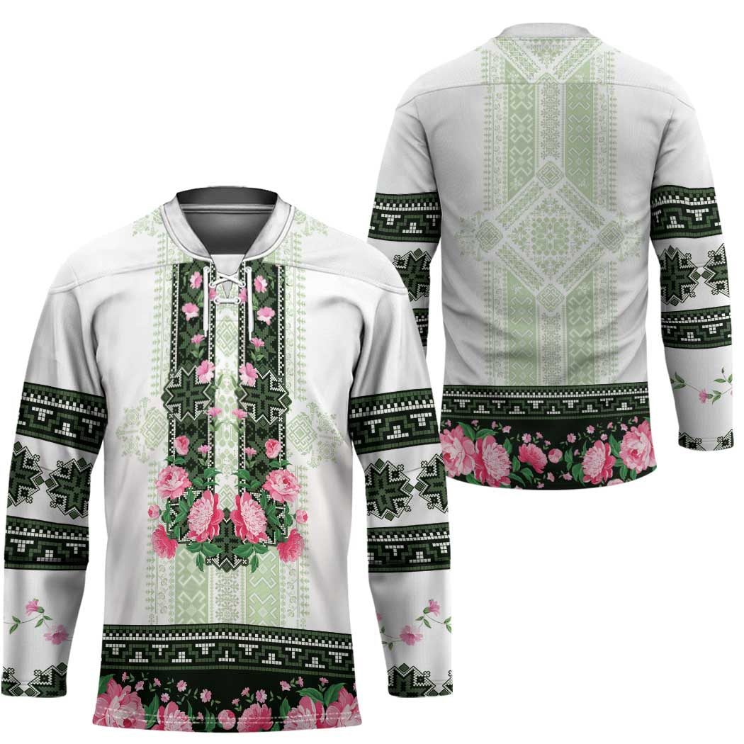 Green Romanian National Costume Hockey Jersey Peony Flowers Traditional Folk Pattern - Wonder Print Shop