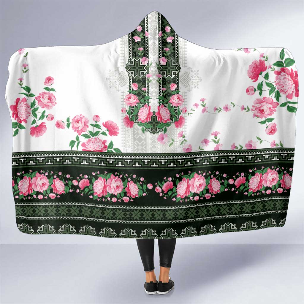 Green Romanian National Costume Hooded Blanket Peony Flowers Traditional Folk Pattern - Wonder Print Shop