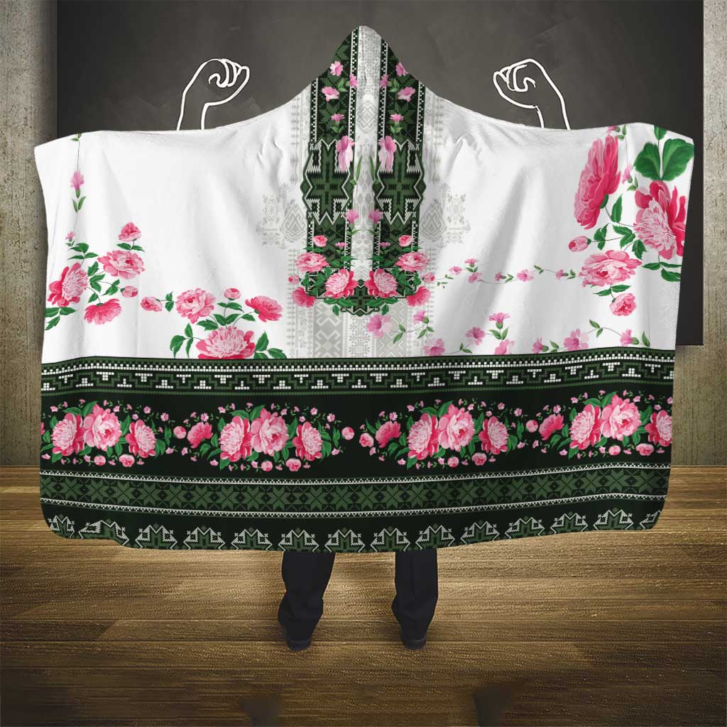 Green Romanian National Costume Hooded Blanket Peony Flowers Traditional Folk Pattern - Wonder Print Shop