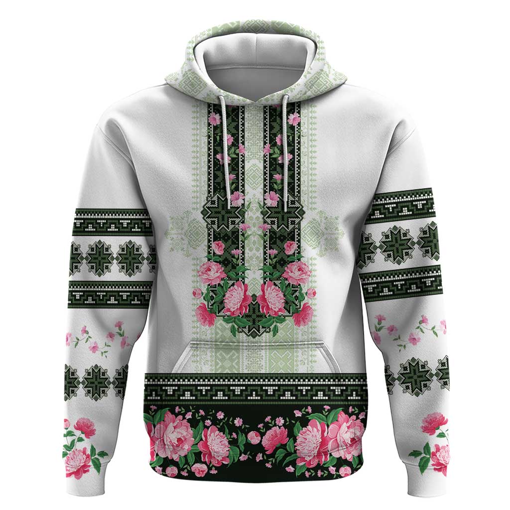Green Romanian National Costume Hoodie Peony Flowers Traditional Folk Pattern - Wonder Print Shop
