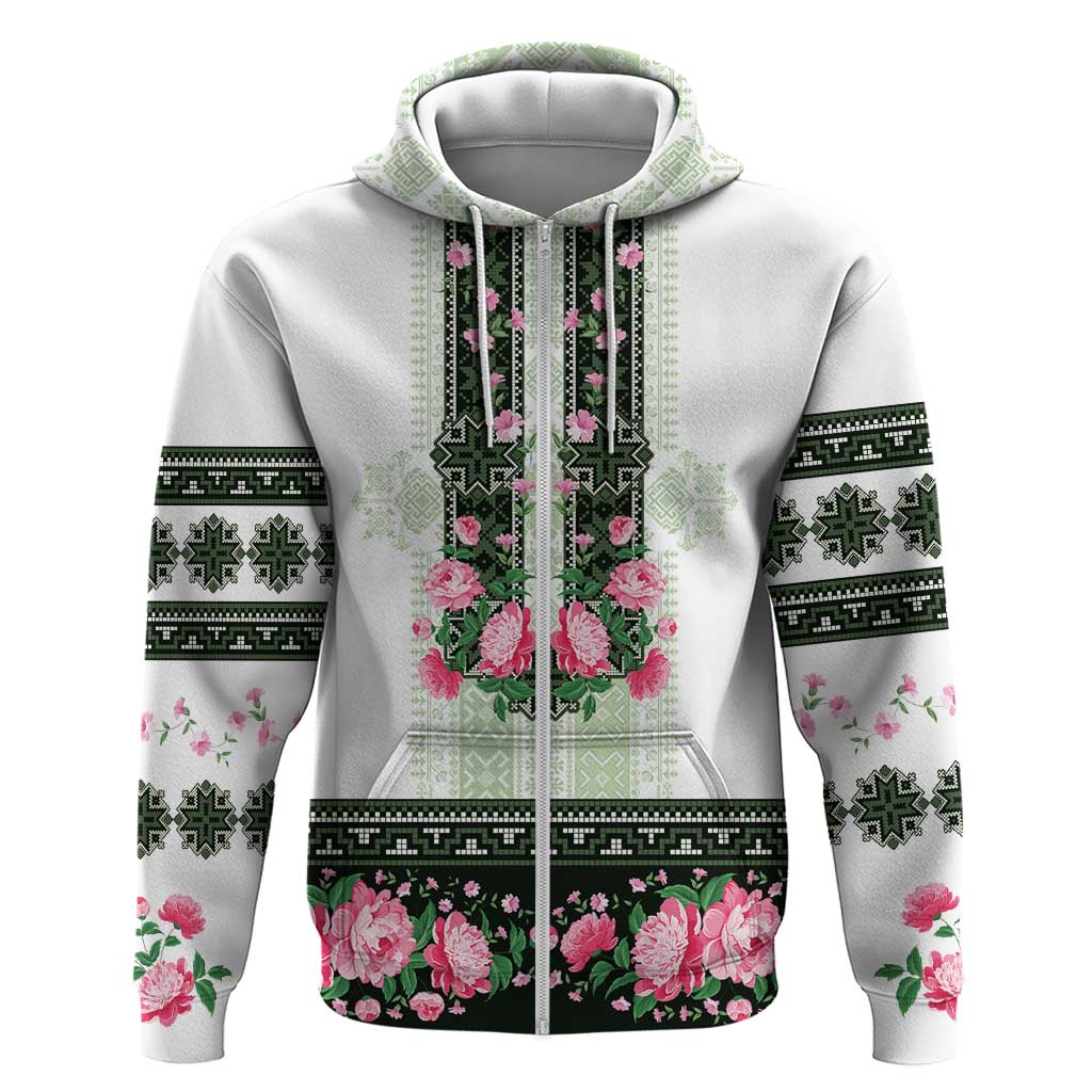 Green Romanian National Costume Hoodie Peony Flowers Traditional Folk Pattern - Wonder Print Shop