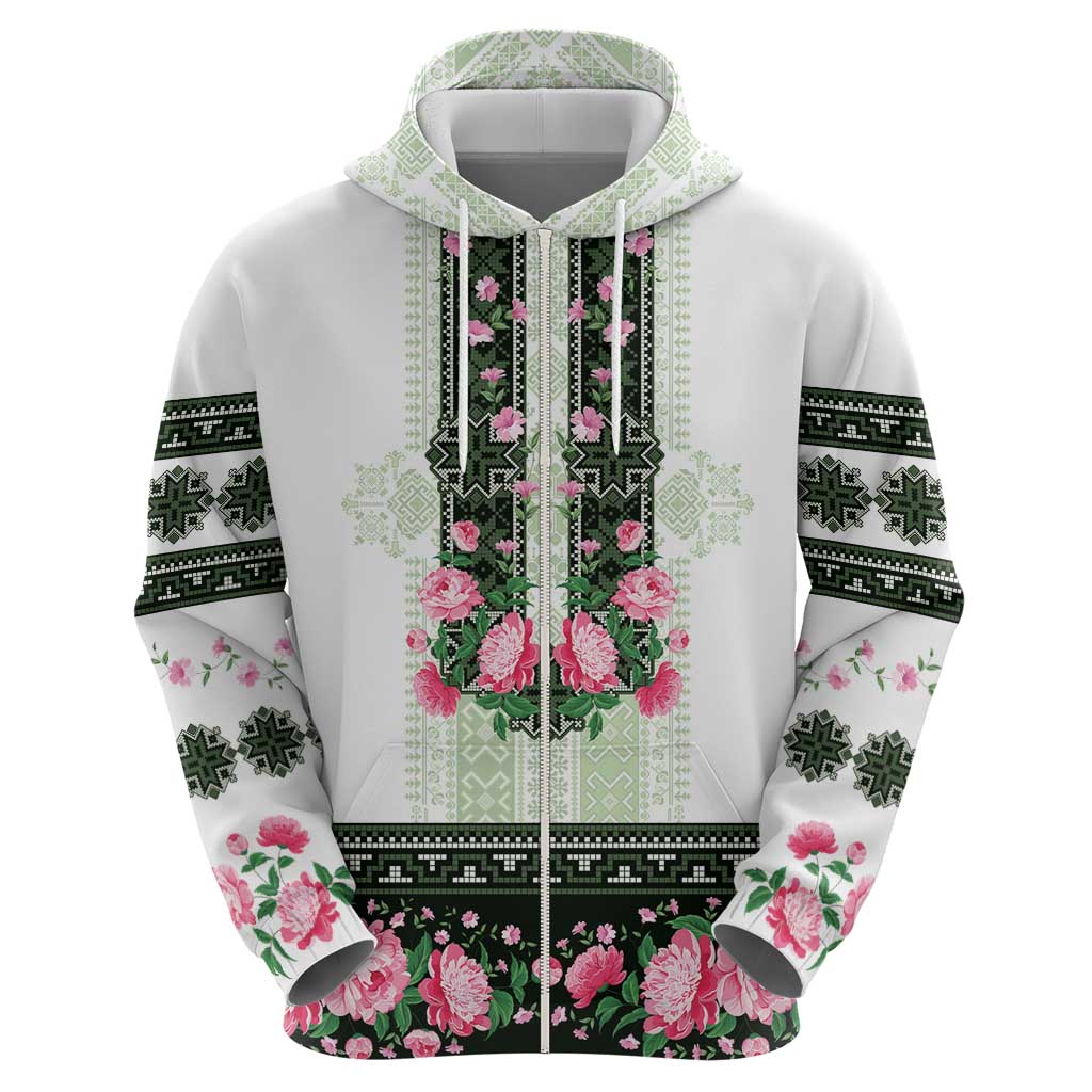 Green Romanian National Costume Hoodie Peony Flowers Traditional Folk Pattern - Wonder Print Shop