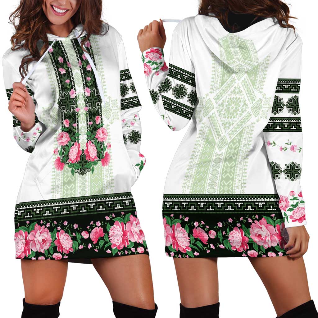Green Romanian National Costume Hoodie Dress Peony Flowers Traditional Folk Pattern - Wonder Print Shop