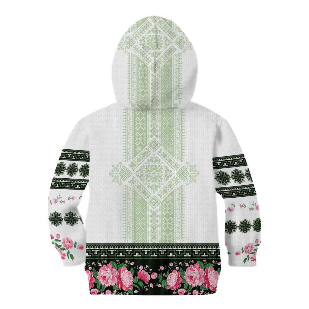 Green Romanian National Costume Kid Hoodie Peony Flowers Traditional Folk Pattern - Wonder Print Shop
