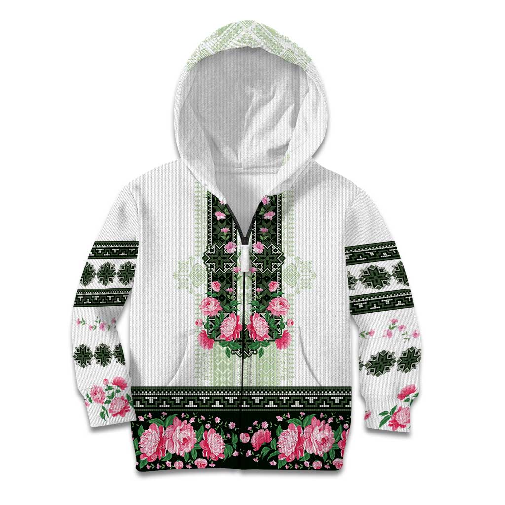 Green Romanian National Costume Kid Hoodie Peony Flowers Traditional Folk Pattern - Wonder Print Shop