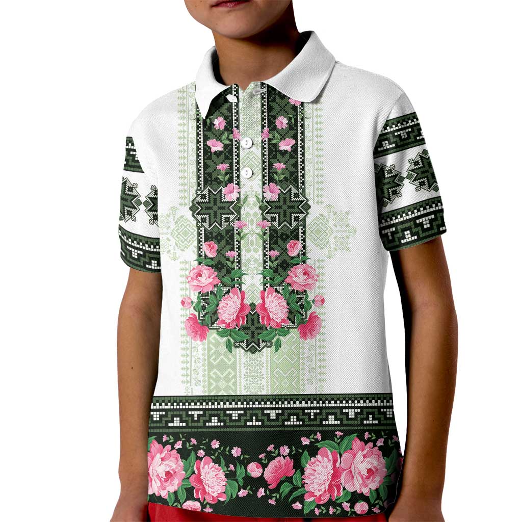 Green Romanian National Costume Kid Polo Shirt Peony Flowers Traditional Folk Pattern - Wonder Print Shop