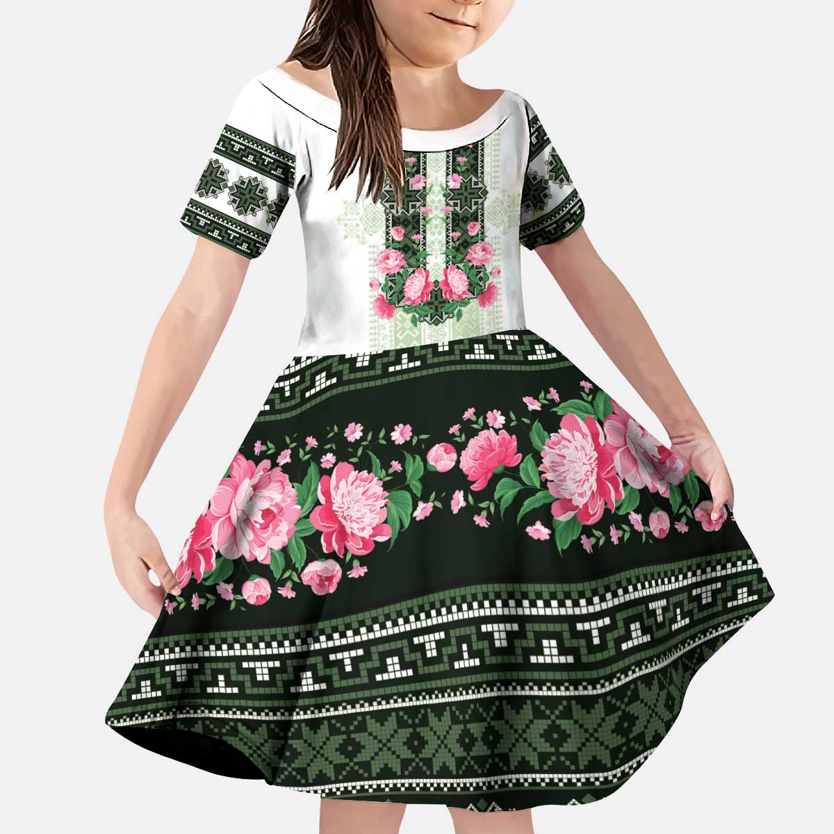 Green Romanian National Costume Kid Short Sleeve Dress Peony Flowers Traditional Folk Pattern - Wonder Print Shop