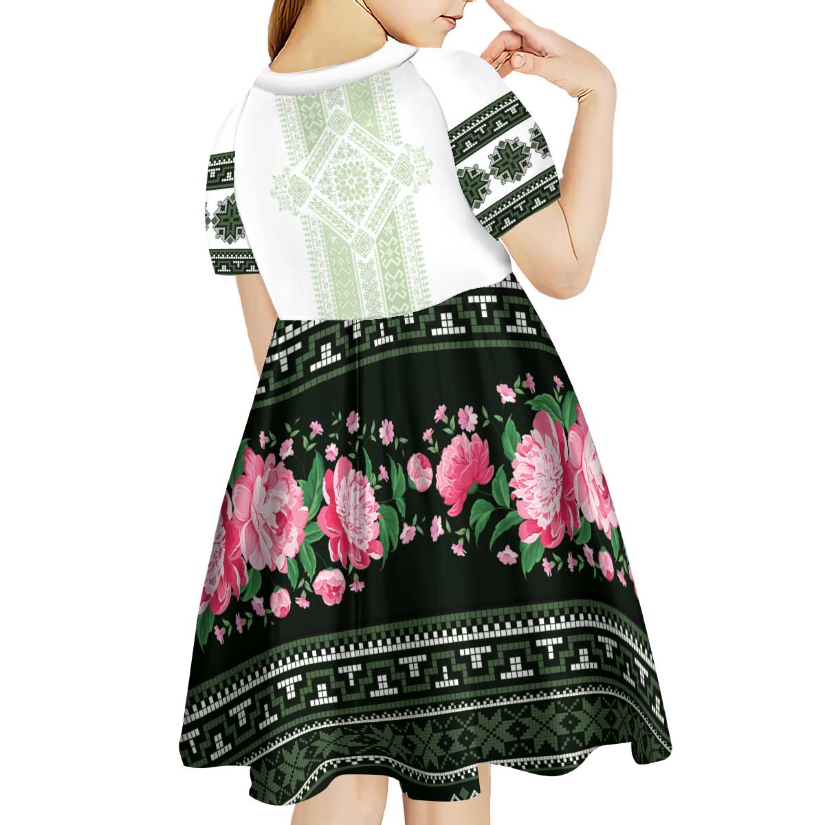 Green Romanian National Costume Kid Short Sleeve Dress Peony Flowers Traditional Folk Pattern - Wonder Print Shop