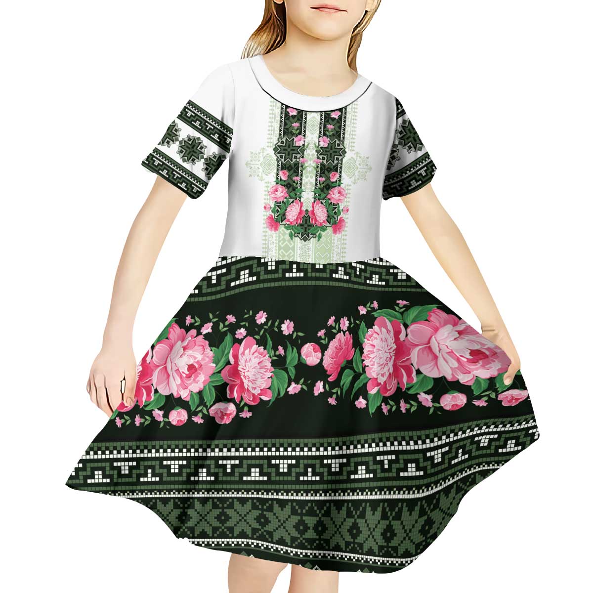 Green Romanian National Costume Kid Short Sleeve Dress Peony Flowers Traditional Folk Pattern - Wonder Print Shop