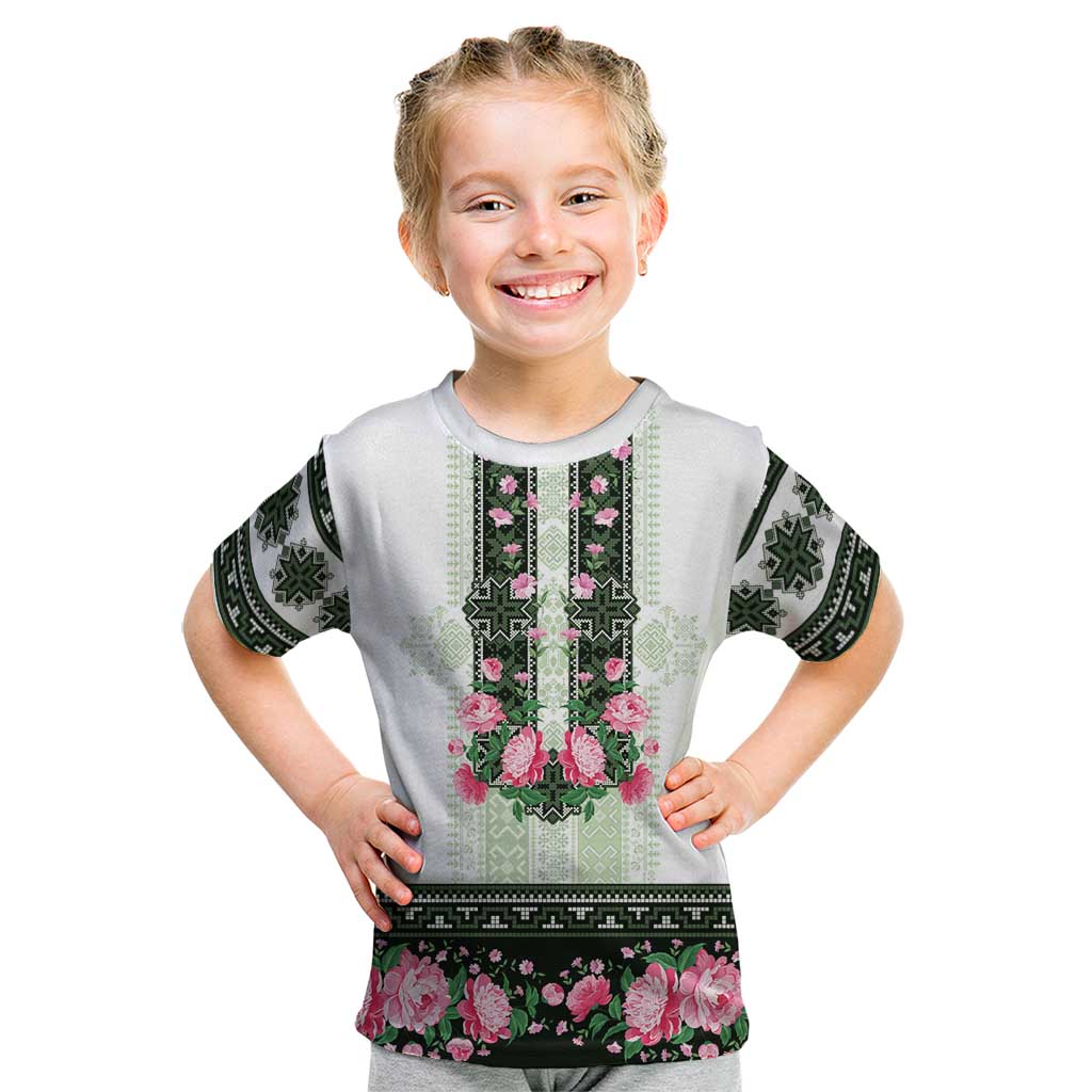 Green Romanian National Costume Kid T Shirt Peony Flowers Traditional Folk Pattern - Wonder Print Shop