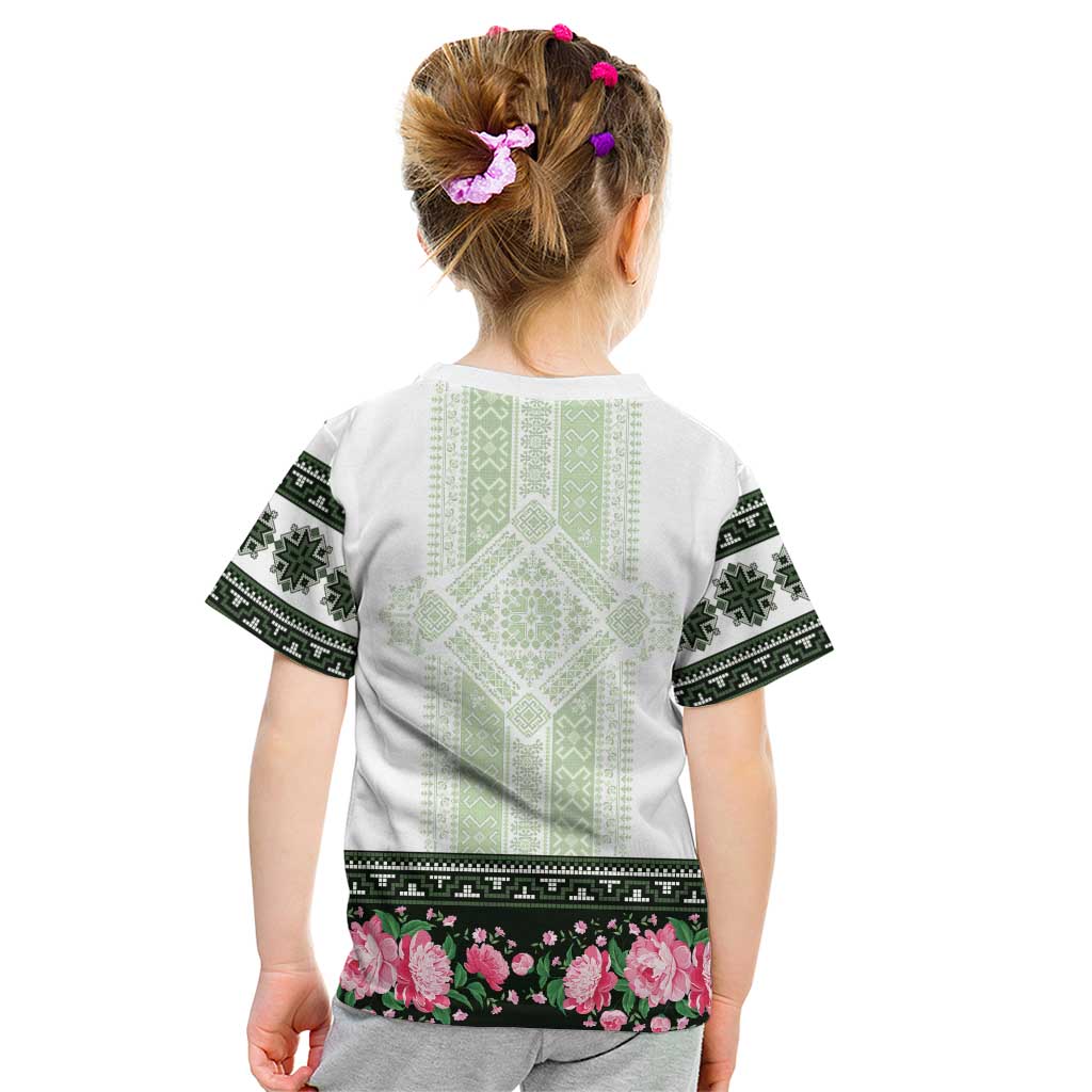 Green Romanian National Costume Kid T Shirt Peony Flowers Traditional Folk Pattern - Wonder Print Shop