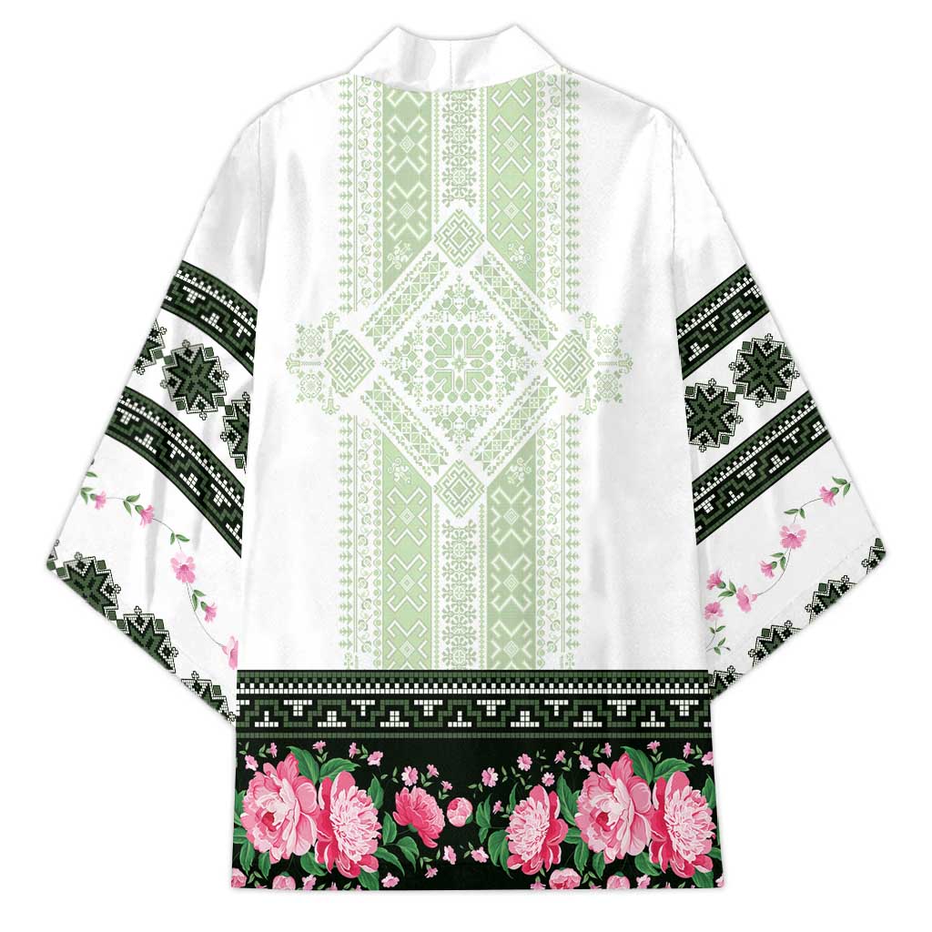 Green Romanian National Costume Kimono Peony Flowers Traditional Folk Pattern - Wonder Print Shop