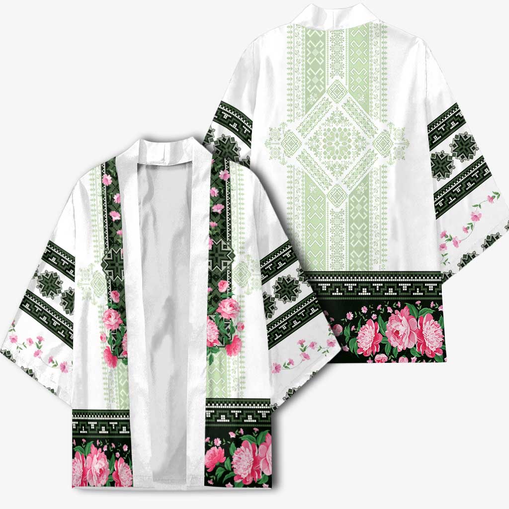 Green Romanian National Costume Kimono Peony Flowers Traditional Folk Pattern - Wonder Print Shop