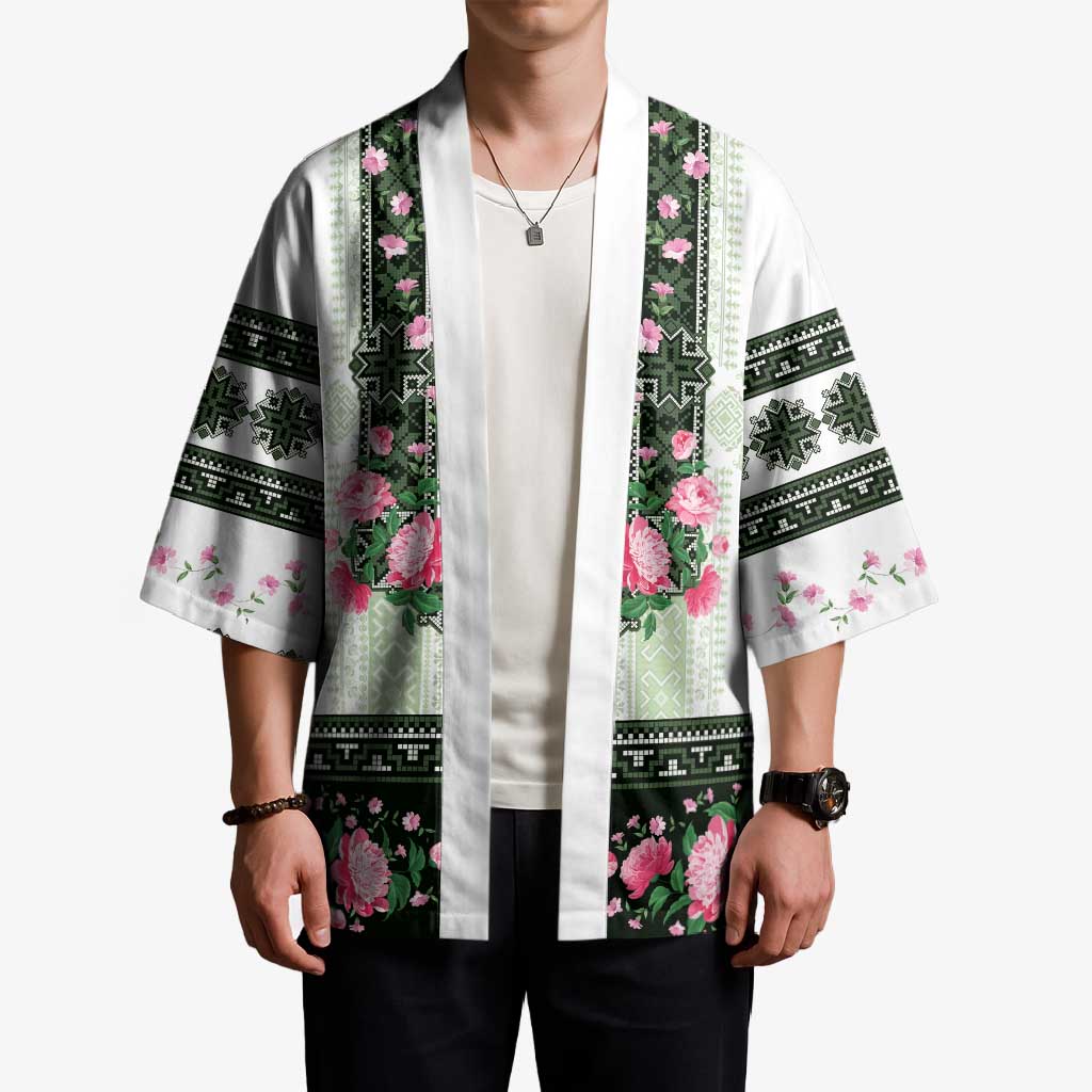 Green Romanian National Costume Kimono Peony Flowers Traditional Folk Pattern - Wonder Print Shop